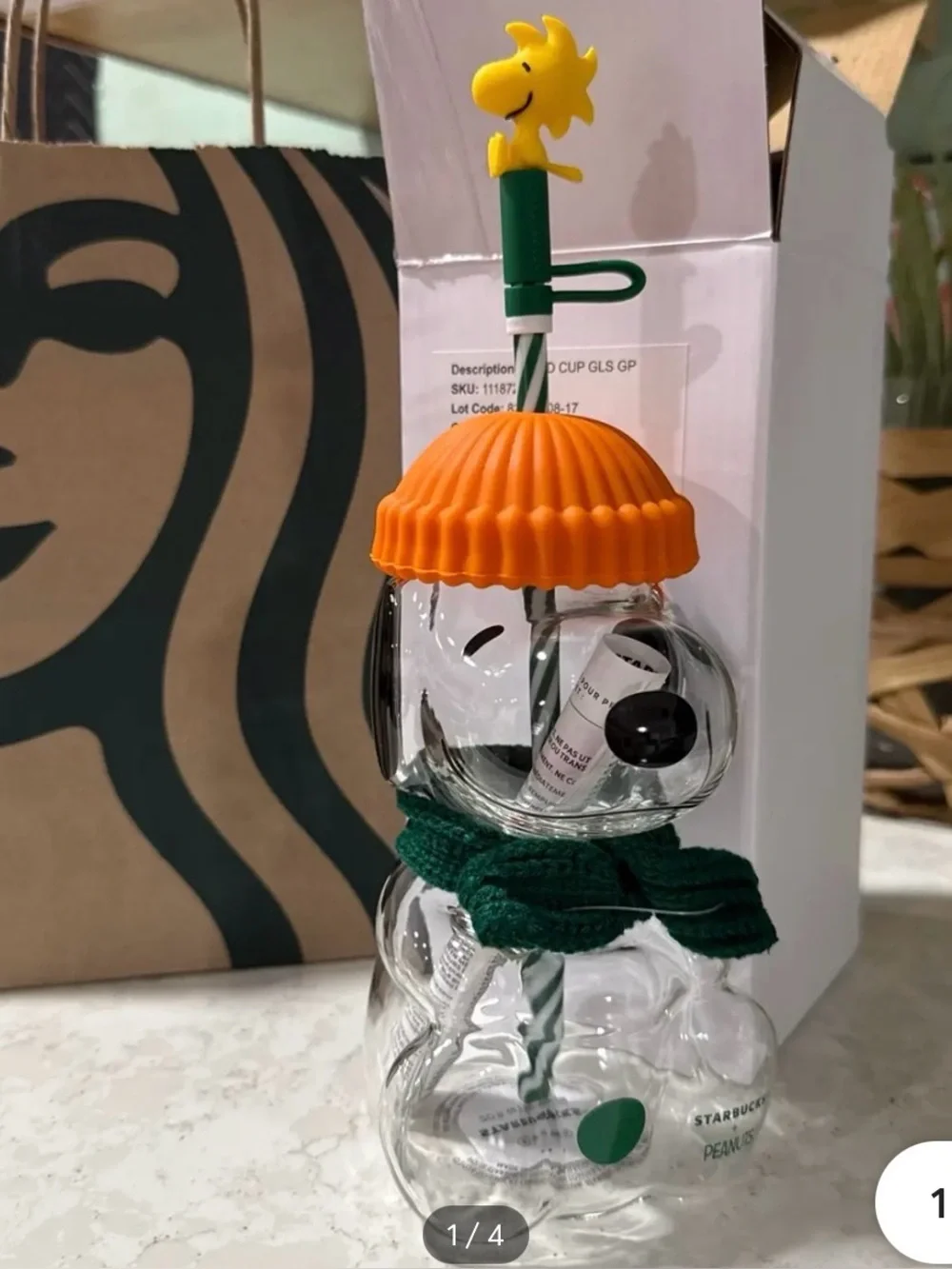 Peanuts Snoopy Glass Bottle with Orange Cap and Green Scarf